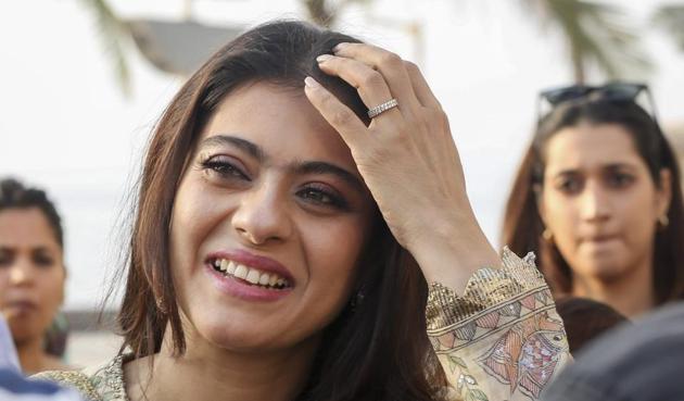 Kajol spotted promotes Tanhaji: The Unsung Warrior in Mumbai.(PTI)