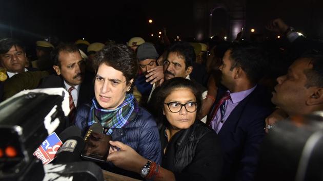 Congress leader Priyanka Gandhi Vadra speaks to the media during a sit-in protest at India Gate, in New Delhi, India, on Monday, December 16, 2019. (Sanjeev Verma/HT File photo) Congress leader Priyanka Gandhi Vadra speaks to the media during a sit-in protest at India Gate, in New Delhi, India, on Monday, December 16, 2019. (Sanjeev Verma/HT File photo)