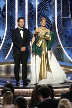 This image released by NBC shows presenters Paul Rudd, left, and Jennifer Lopez. At 50, Jennifer Lopez still manages to look amazing, and her red carpet looks are what legends are made of, remember the fabulous green jungle-print Versace dress? But unfortunately, the stunner failed to impress at the Golden Globes. (AP) This image released by NBC shows presenters Paul Rudd, left, and Jennifer Lopez. At 50, Jennifer Lopez still manages to look amazing, and her red carpet looks are what legends are made of, remember the fabulous green jungle-print Versace dress? But unfortunately, the stunner failed to impress at the Golden Globes. (AP)