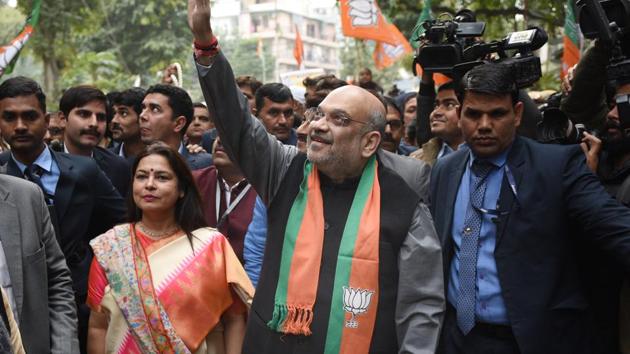 BJP National President Amit Shah seen during his door to door campaign under Jan Jagran Abhiyan on CAA in Delhi. (Arvind Yadav/HT PHOTO) BJP National President Amit Shah seen during his door to door campaign under Jan Jagran Abhiyan on CAA in Delhi. (Arvind Yadav/HT PHOTO)