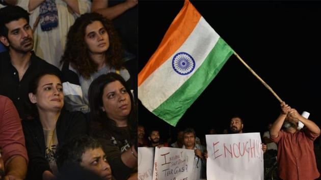 Taapsee Pannu, Dia Mirza and Zoya Akhtar were among several Bollywood celebrities protesting in Mumbai against JNU violence in Delhi.(Satyabrata Tripathy/Hindustan Times)