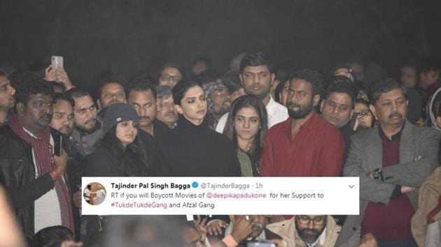 Deepika Padukone shared the stage with former and present JNU students’ union leaders including Kanhaiya Kumar as protesters raised slogans of “Jai Bhim-Jai Bhim”.(Photo: Vipin Kumar/ Hindustan Times)