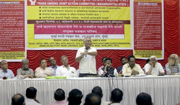 A member of the Trade Unions Joint Action Committee speaks during a press conference headed by Shiv Sena leader Sanjay Raut regarding the Bharat Bandh on 8th January 2020. (ANI Photo) A member of the Trade Unions Joint Action Committee speaks during a press conference headed by Shiv Sena leader Sanjay Raut regarding the Bharat Bandh on 8th January 2020. (ANI Photo)