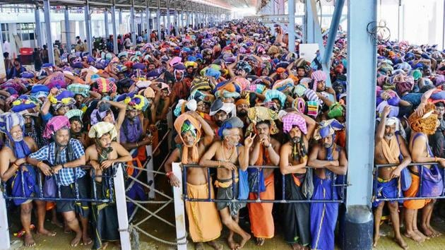 Women of reproductive age were restricted from entering the over 800-year-old shrine in south Kerala’s Pathanamthitta district because its presiding deity, Lord Ayyappa, is considered to be a celibate.(PTI file photo)