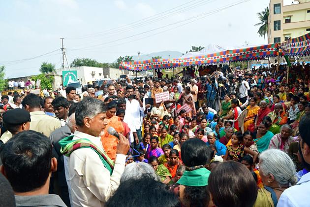 TDP National President N Chandrababu Naidu speaks during farmer's protest against the proposal of three capital cities for the state, in Amaravati on Wednesday.(ANI Photo)