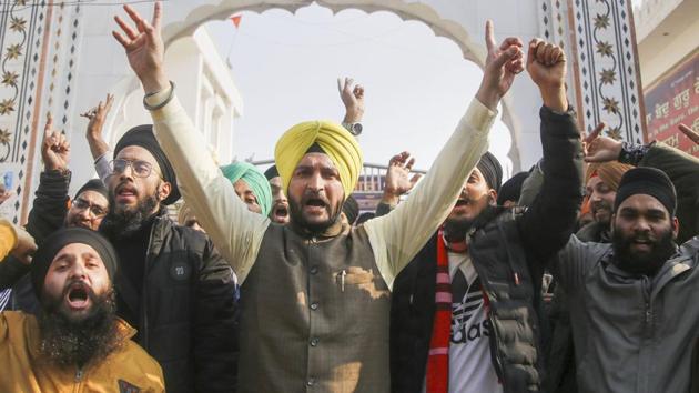 Sikh community people shout slogans during a protest against the aAttack on Pakistan's Nankana Sahib Gurdwara, in Jammu, Saturday, Jan. 4, 2020.(PTI file photo)