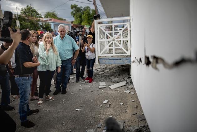 Governor Wanda Vazquez inspects an earthquake-damaged house in Guanica, Puerto Rico on January 6.(AP)