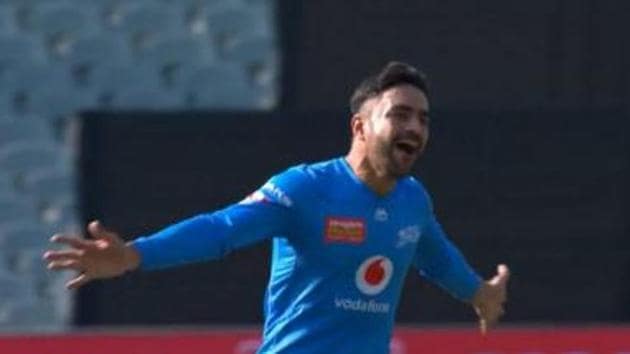 Rashid Khan celebrates after picking up a hat-trick against Sydney Sixers.(Twitter/Adelaide Strikers)