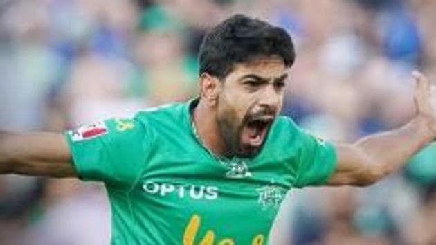 Haris Rauf reacts after picking up a hat-trick in the Big Bash League (BBL).(Twitter/Melbourne Stars)