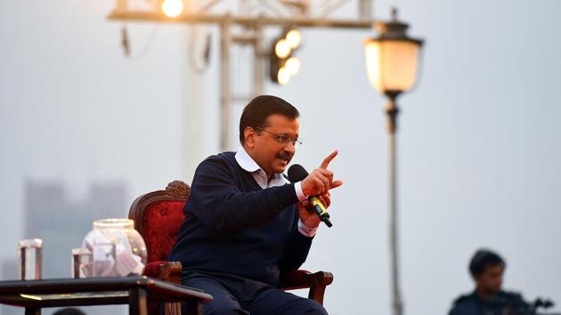 Delhi Chief Minister Arvind Kejriwal addresses the gathering on the Aam Aadmi Party (AAP) report card based on Delhi government’s performance for the last five years, at Central Park, CP, in New Delhi, January 7, 2020. (HT PHOTO) Delhi Chief Minister Arvind Kejriwal addresses the gathering on the Aam Aadmi Party (AAP) report card based on Delhi government’s performance for the last five years, at Central Park, CP, in New Delhi, January 7, 2020. (HT PHOTO)