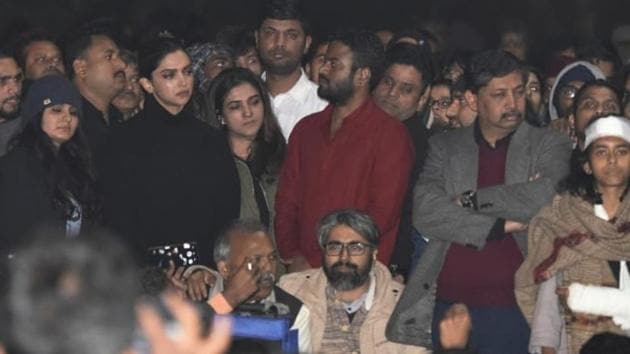 Actor Deepika Padukone is seen at a gathering at JNU in solidarity with the students against Sunday’s violence in the presence of JNUSU president Aishe Ghosh and CPI(M) leader Kanhaiya Kumar, in New Delhi, India, on Tuesday, January 07, 2020.(Photo: Vipin Kumar / Hindustan Times)