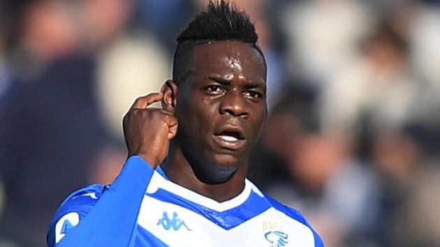 Brescia's Mario Balotelli reacts after scoring their first goal.(REUTERS)