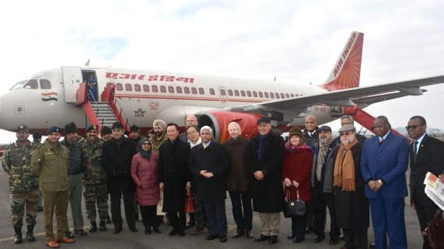 The envoys of 16 countries at Srinagar airport. The envoys of 16 countries at Srinagar airport.