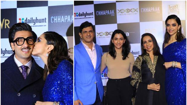 Deepika Padukone with Ranveer Singh (L) and her family at the Chhapaak screening.(Varinder Chawla)