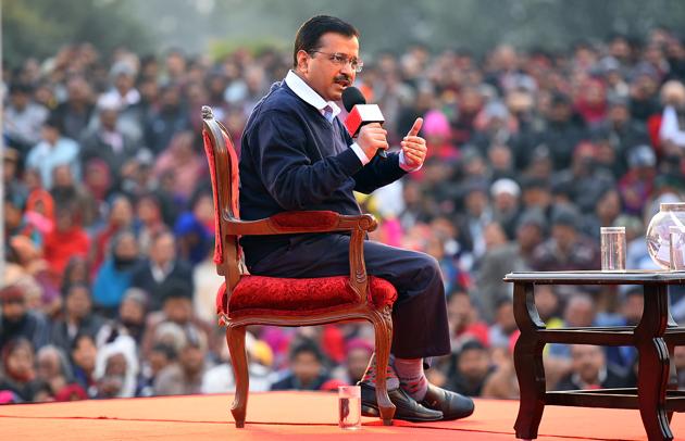 Delhi Chief Minister Arvind Kejriwal addresses the gathering on the Aam Aadmi Party (AAP) report card based on Delhi government’s performance for the last five years, New Delhi, Jan 7, 2020.(Raj K Raj/HT PHOTO)
