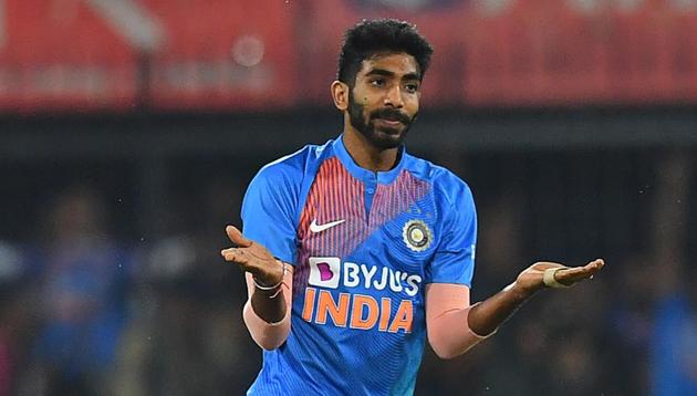 India's Jasprit Bumrah celebrates the wicket of Sri Lanka's Dasun Shanaka (unseen) during the second T20 international cricket match of a three-match series between India and Sri Lanka at the Holkar Cricket Stadium in Indore on January 7, 2020.(AP)