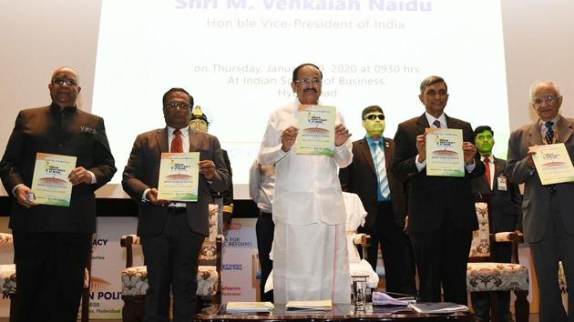 Vice President M Venkaiah Naidu releasing the souvenir at the first annual conference on 'Indian Democracy at Work', organised by the Foundation for Democratic Reforms, Bharat Institute of Public Policy and the University of Hyderabad, at Indian School of Business, in Hyderabad, on Thursday.(ANI Photo)