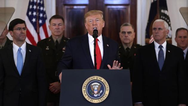 Speaking from the White House later in the day, US President Donald Trump announced new economic sanctions against Iran and vowed to prevent it from acquiring nuclear weapons. He did not offer any specifics of the “additional punishing economic sanctions on the Iranian regime”. “Iran appears to be standing down which is a good thing for all parties concerned and a very good thing for the world,” he said. (Evan Vucci/AP)