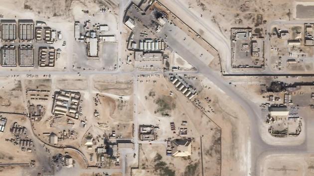 A satellite image of damage(C, top; R; and lower L) to the Ain al-Asad US airbase in western Iraq. Iran struck back at the United States early on Wednesday for the killing of Revolutionary Guard general Qassem Soleimani, firing a barrage of ballistic missiles at two Iraqi military bases that house American troops in what was initially feared to become an escalation of the conflict. (Planet Labs Inc./AFP)