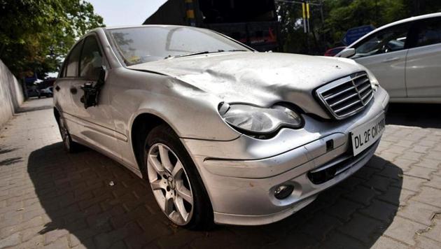 The Mercedes-Benz that the juvenile was driving when he ran over marketing professional Siddharth Sharma, 32, on April 4, 2016, in north Delhi’s Civil Lines. (HT Archives) The Mercedes-Benz that the juvenile was driving when he ran over marketing professional Siddharth Sharma, 32, on April 4, 2016, in north Delhi’s Civil Lines. (HT Archives)