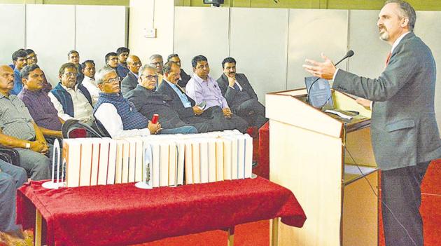 Prof Scott Stroud speaks during the inaugural function of John Dewey Studies Centre in the collaboration with the University of Texas, USA at Savitribai Phule Pune University(Milind Saurkar/HT Photo)