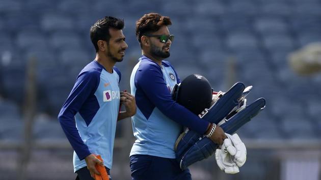 India's Yuzvendra Chahal, left, and Rishabh Pant attend a practice session ahead of third T20 international. (AP) India's Yuzvendra Chahal, left, and Rishabh Pant attend a practice session ahead of third T20 international. (AP)