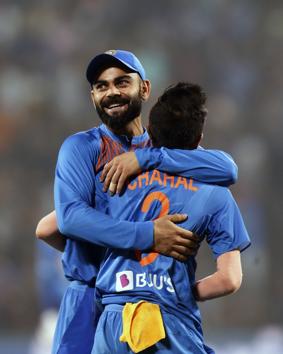 India's Virat Kohli celebrates after Wanindu Hasaranga's wicket. (AP)