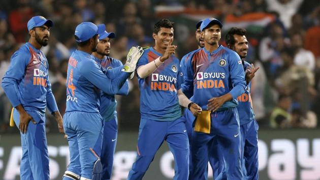 India's Navdeep Saini, center Celebrates after Kusal Perera's wicket. (AP)