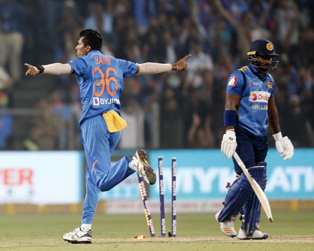 India's Navdeep Saini Celebrates after Kusal Perera's fall. (AP)