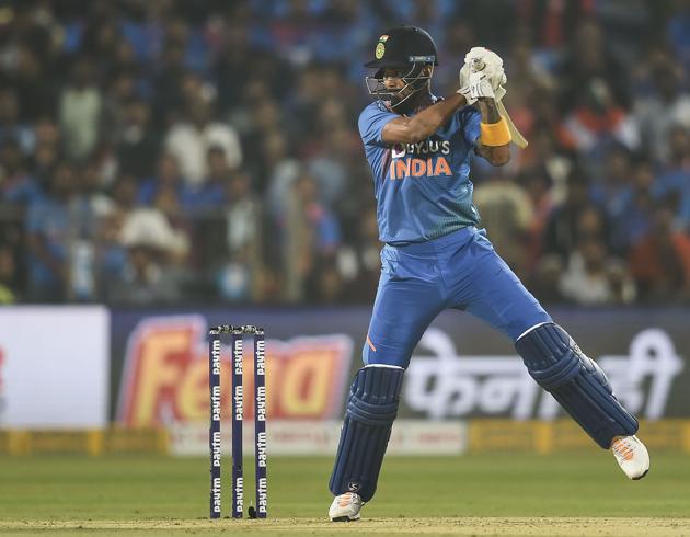 Indian batsman KL Rahul plays a shot during the third T20 match. (PTI)