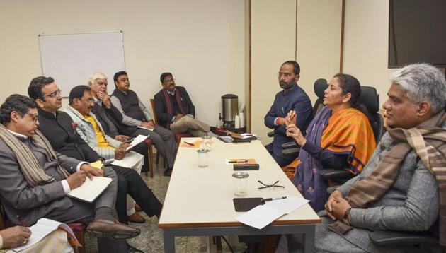 Finance Minister Nirmala Sitharaman in a pre-budget meeting with BJP's national office-bearers, spokespersons, Morcha members, departments, publications and think-tanks at BJP headquarters in New Delhi on Thursday. (PTI File Photo) Finance Minister Nirmala Sitharaman in a pre-budget meeting with BJP's national office-bearers, spokespersons, Morcha members, departments, publications and think-tanks at BJP headquarters in New Delhi on Thursday. (PTI File Photo)