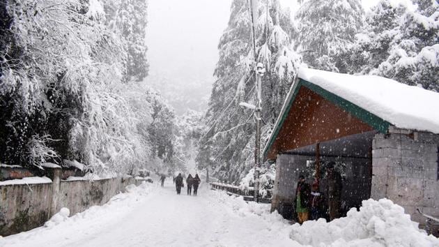 People walk along a snow covered road at Sanjauli-IGMC hospital road, Shimla. The tourist town of Dharamshala experienced mild snow after a gap of eight years. The hill town last received heavy snow on January 7, 2012. The uphill camp of Triund overlooking Dharamshala, also received heavy snowfall. (Deepak Sansta/HT Photo) People walk along a snow covered road at Sanjauli-IGMC hospital road, Shimla. The tourist town of Dharamshala experienced mild snow after a gap of eight years. The hill town last received heavy snow on January 7, 2012. The uphill camp of Triund overlooking Dharamshala, also received heavy snowfall. (Deepak Sansta/HT Photo)