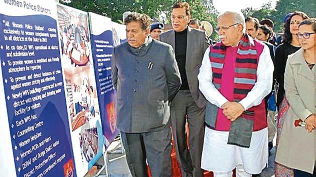 Chief minister Manohar Lal Khattar during a conference on ‘Safety of women and children’ in Panchkula on Friday.(HT Photo)