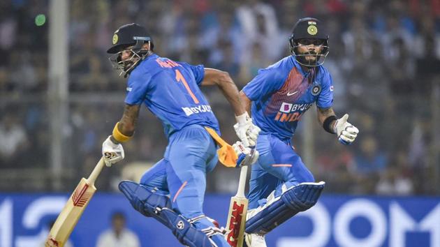 Indian players KL Rahul and Virat Kohli run between the wickets during a T20I(PTI)