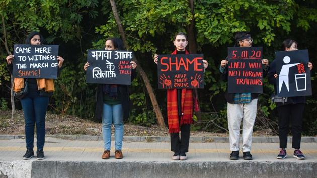 Women students hold placards during a demonstration at JNU on Friday, January 10. (Amal KS / HT Photo) Women students hold placards during a demonstration at JNU on Friday, January 10. (Amal KS / HT Photo)