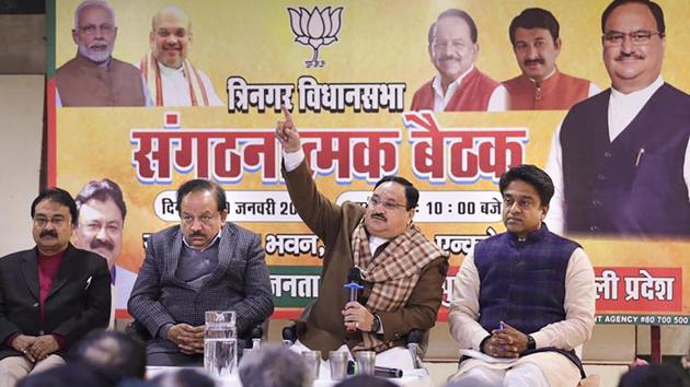 BJP Working President JP Nadda addresses Trinagar Assembly Organisational review meeting in New Delhi. (PTI) BJP Working President JP Nadda addresses Trinagar Assembly Organisational review meeting in New Delhi. (PTI)
