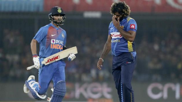Sri Lanka's captain Lasith Malinga, right, reacts after a shot played by India's captain Virat Kohli. (AP) Sri Lanka's captain Lasith Malinga, right, reacts after a shot played by India's captain Virat Kohli. (AP)