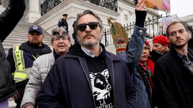 Actor Joaquin Phoenix takes part in a Fire Drill Fridays protest calling attention to climate change at the US Capitol in Washington.(Reuters)