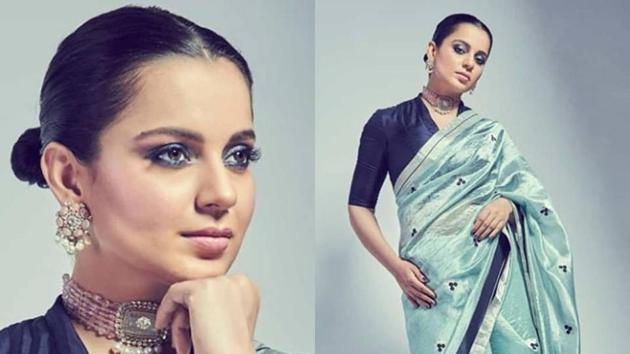 And also this midnight blue silk blouse and pale blue saree by Raw Mango. We absolutely love the choker and earring combo, not to mention the heavy dramatic eye make-up. (instagram)