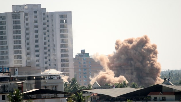 The last of the four illegal multi-storey apartment complexes in Maradu town of Kerala’s Kochi was successfully demolished on Sunday (HT Photo) The last of the four illegal multi-storey apartment complexes in Maradu town of Kerala’s Kochi was successfully demolished on Sunday (HT Photo)