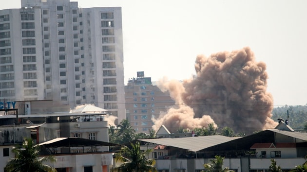 Golden Kayaloram, the 17-storeyed building with 40 flats, was the last to be razed for flouting Coastal Zone Regulation norms as dust and fume from the rubble settled in the surrounding area.(HT Photo) Golden Kayaloram, the 17-storeyed building with 40 flats, was the last to be razed for flouting Coastal Zone Regulation norms as dust and fume from the rubble settled in the surrounding area.(HT Photo)