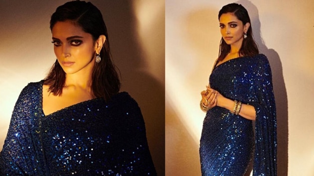 Deepika Padukone's midnight blue sequinned saree, with a matching sleeveless blouse is an ideal wedding saree inspiration.(Instagram/@deepikapadukone)