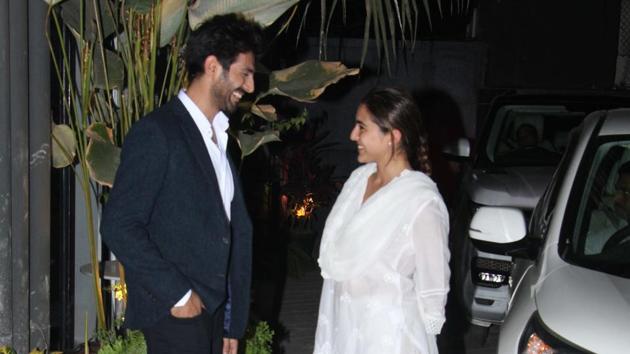 Kartik Aaryan and Sara Ali Khan at the Maddock Films office in Mumbai on Saturday. (Varinder Chawla) Kartik Aaryan and Sara Ali Khan at the Maddock Films office in Mumbai on Saturday. (Varinder Chawla)