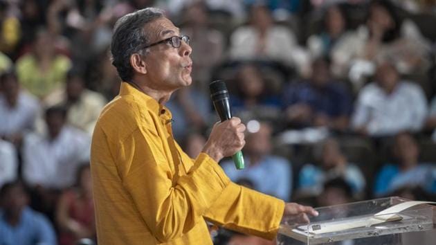 Nobel laureate Abhijit Banerjee addresses a gathering during the 25th anniversary celebration of Pratham, a non-profit group working in the field of school education, at TISS Naoroji Campus, Deonar, in Mumbai. (Aalok Soni/HT Photo)