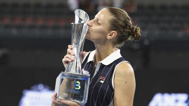 Karolina Pliskova poses with the trophy.(AP)