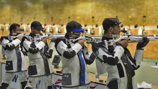 Indian shooters take part in a practice session(Burhaan Kinu/HT PHOTO)