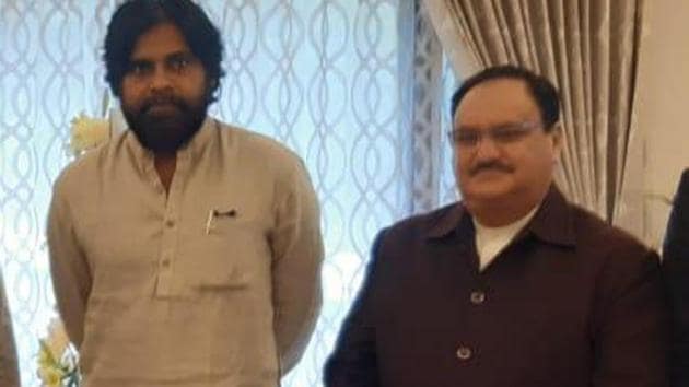 Jana Sena Party chief Pawan Kalyan met BJP’s working president J P Nadda in New Delhi on Monday. (HT Photo) Jana Sena Party chief Pawan Kalyan met BJP’s working president J P Nadda in New Delhi on Monday. (HT Photo)