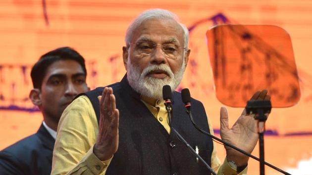 Prime Minister Narendra Modi addressing on the occasion of 150th-anniversary celebration of Kolkata Port Trust, in Kolkata on Sunday. (Samir Jana/HT File Photo) Prime Minister Narendra Modi addressing on the occasion of 150th-anniversary celebration of Kolkata Port Trust, in Kolkata on Sunday. (Samir Jana/HT File Photo)
