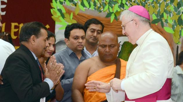 Archbishop Giambattista Diquattro, during the meet at the Bishop’s House, St Patrick’s Cathedral, on Sunday.(Shankar Narayan/HT PHOTO)