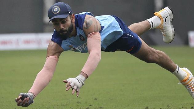 India skipper Virat Kohli in action during a training session in Mumbai.(AP)